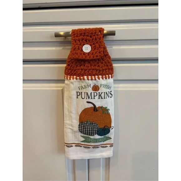 Crochet Top Kitchen Towel-Farm fresh pumpkin open daily white button - Picture 1 of 2